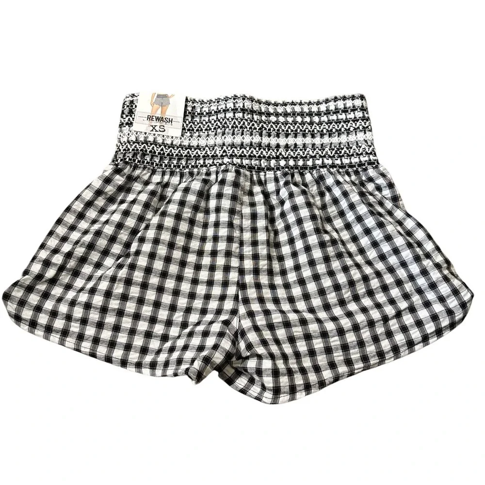 Rewash Brand Womens Gingham Smocked‎ High Waist Shorts Black White Retro Boho XS